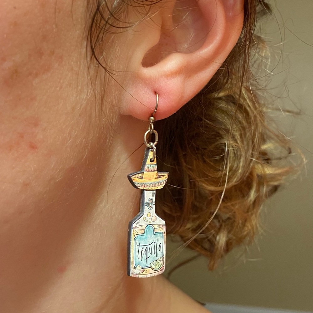 Wooden Tequila sombrero earrings